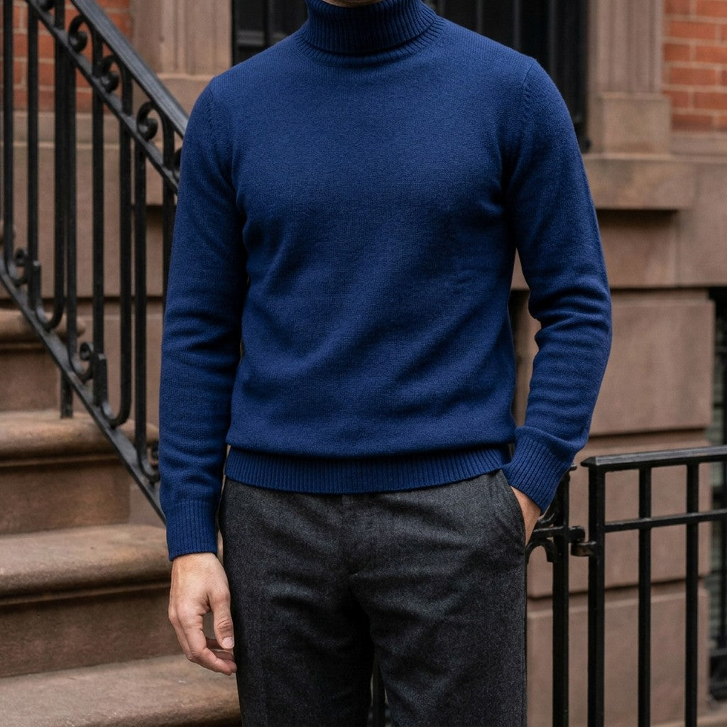 Cesena Merino Wool Turtleneck — Royal Blue, worn on a brownstone stoop