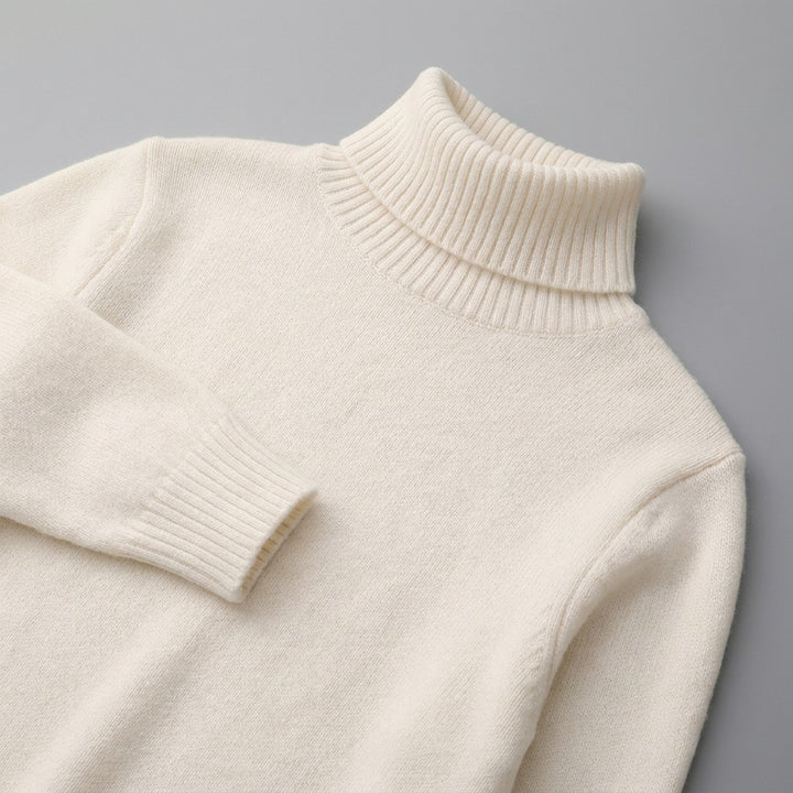 Cesena Merino Wool Turtleneck — Cream, close-up of the ribbed collar, knit and cuff