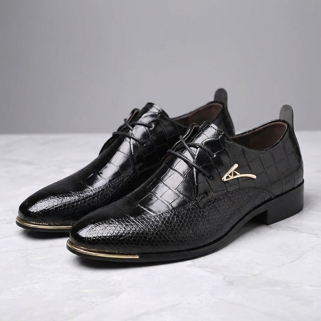 Cingoli Embossed Dress Shoes — Black, pair three-quarter studio view