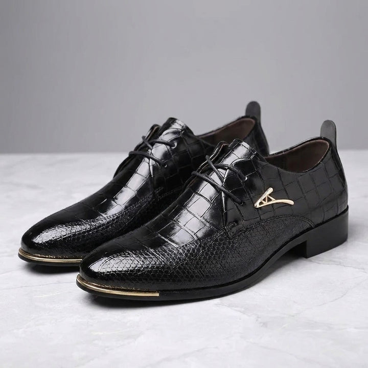 Cingoli Embossed Dress Shoes — Black, pair three-quarter studio view