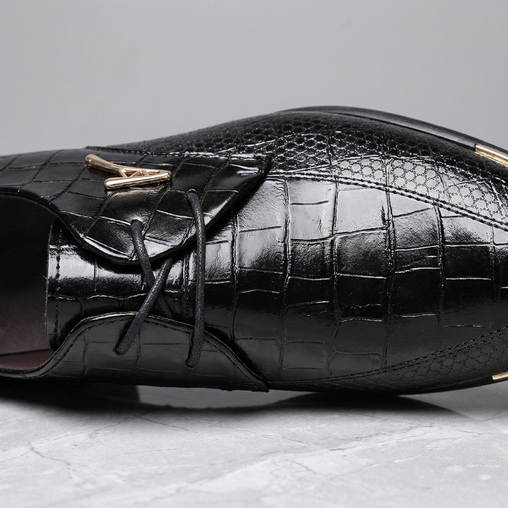 Cingoli Embossed Dress Shoes — Black, close-up of croc-embossed vamp, laces and gold V accent