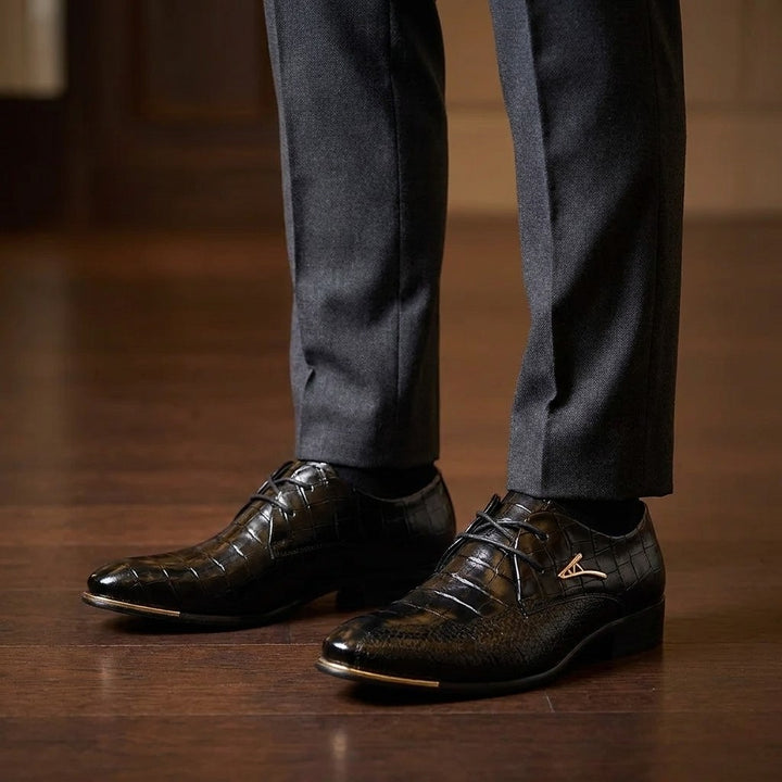 Cingoli Embossed Dress Shoes — Black, worn at an evening wedding reception