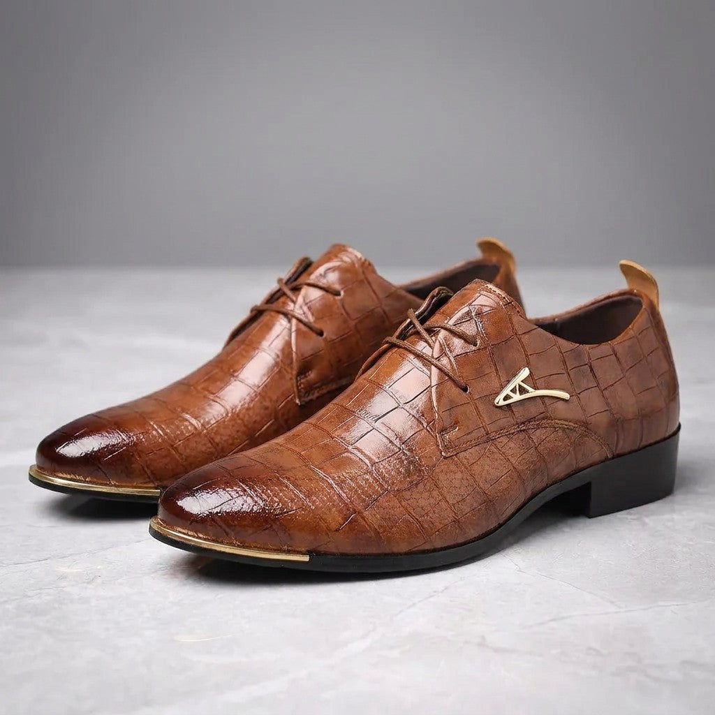 Cingoli Embossed Dress Shoes — Brown, pair three-quarter studio view