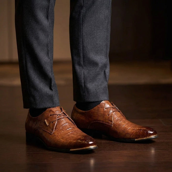 Cingoli Embossed Dress Shoes — Brown, worn at an evening wedding reception