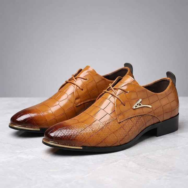 Cingoli Embossed Dress Shoes — Tan, pair three-quarter studio view