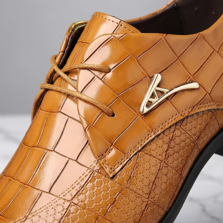 Cingoli Embossed Dress Shoes — Tan, close-up of croc-embossed vamp, laces and gold V accent