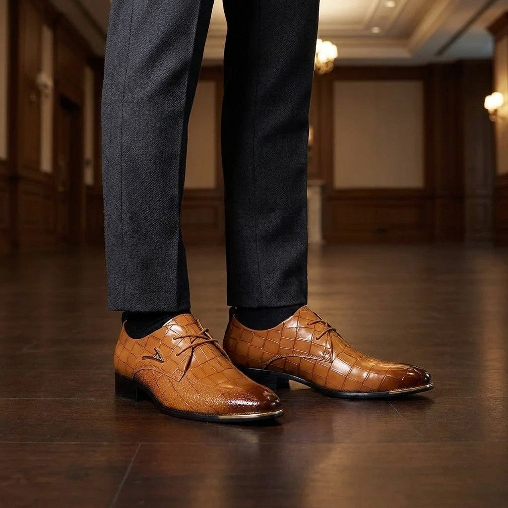 Cingoli Embossed Dress Shoes — Tan, worn at an evening wedding reception