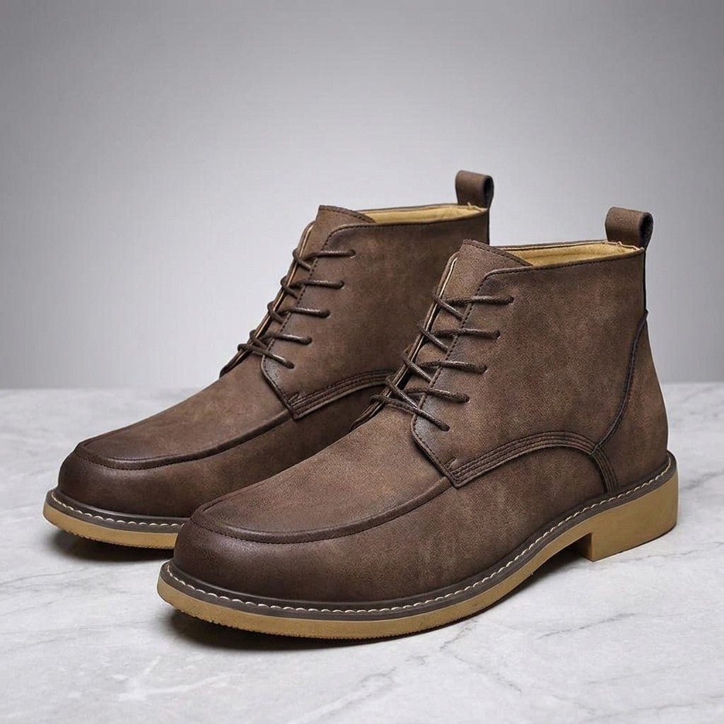 Trento Leather Boots — Coffee, pair on marble