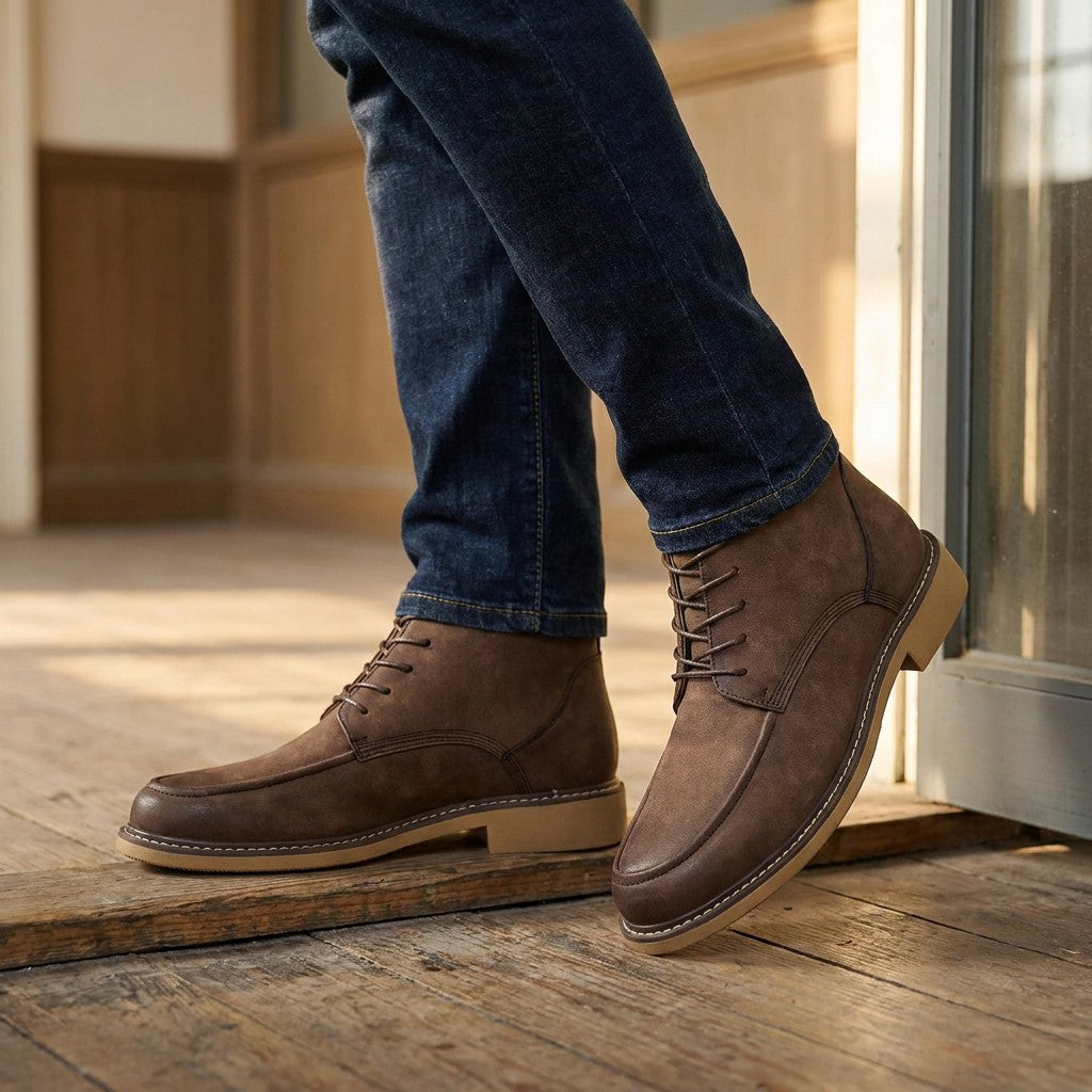 Trento Leather Boots — Coffee, on model at office threshold