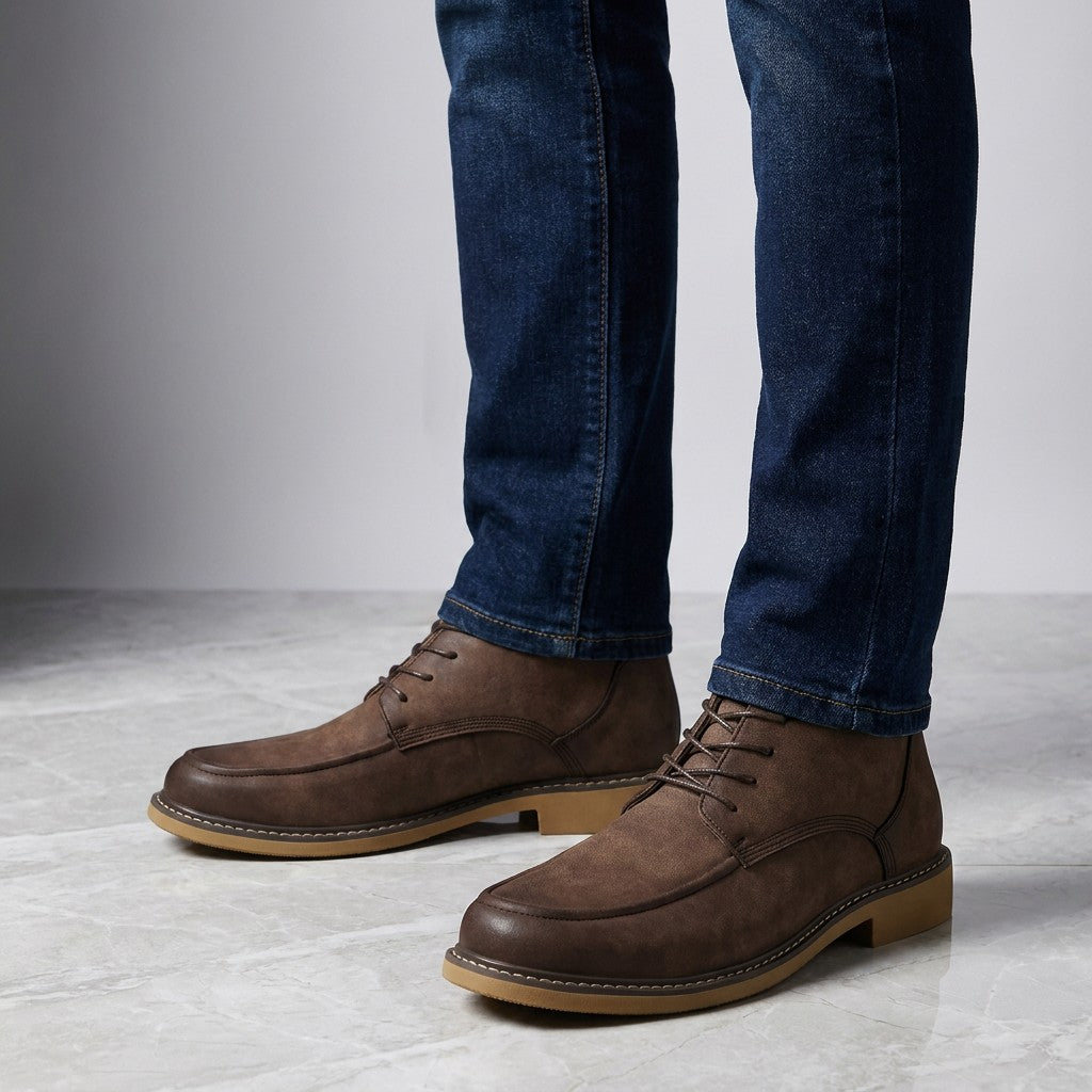 Trento Leather Boots — Coffee, on model knee-down studio