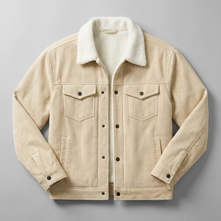 Hudson Corduroy Jacket — Cream, flat lay front on grey seamless