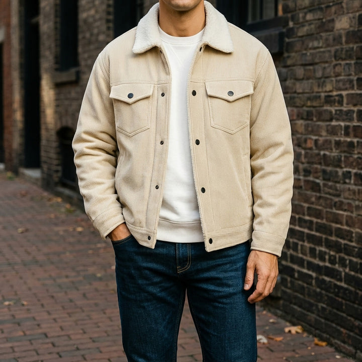 Hudson Corduroy Jacket — Cream, lifestyle close crop on model