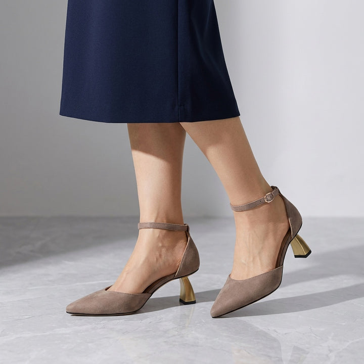 Tremezzo Ankle-Strap Pumps — Taupe, worn, studio view from the knee down