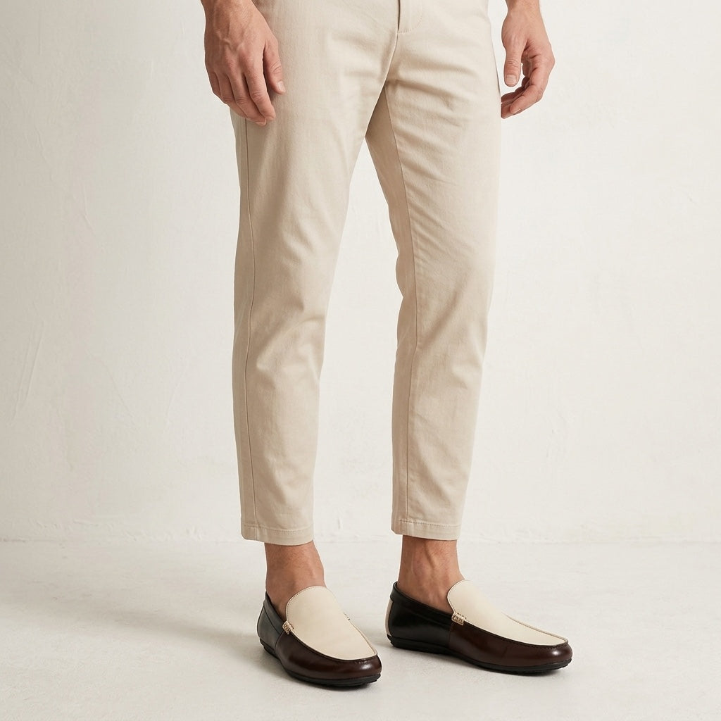 Salerno Two-Tone Loafers — Cream &amp; Brown, worn with beige chinos, studio