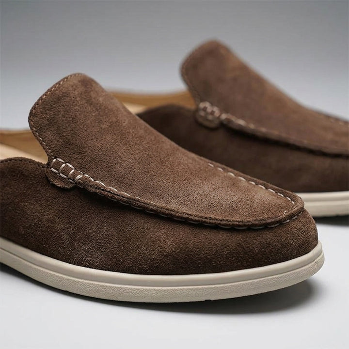 Salcombe Suede Loafers — Brown, close-up toe and vamp suede texture