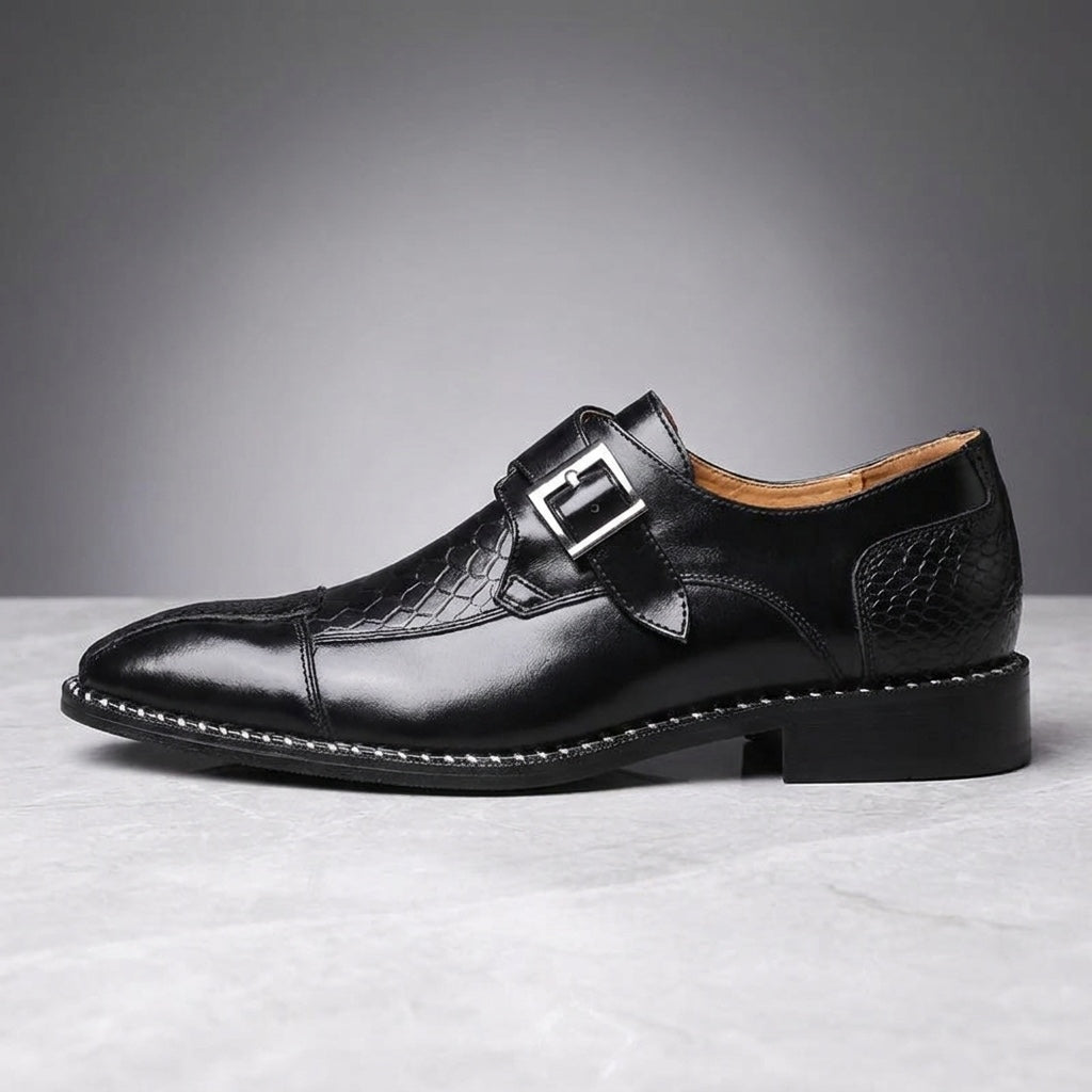 Arezzo Leather Monk Loafers — Black, side profile studio view