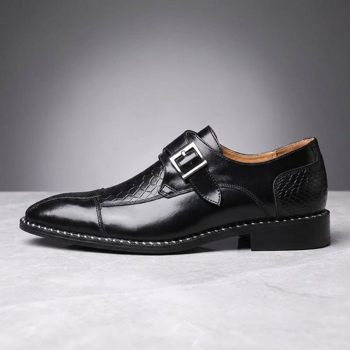 Arezzo Leather Monk Loafers — Black, side profile studio view