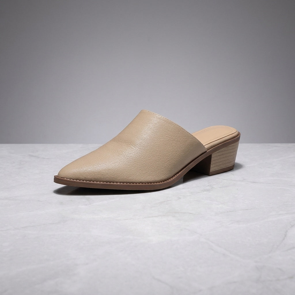 Sabina Leather Mules — Sand, three-quarter studio view