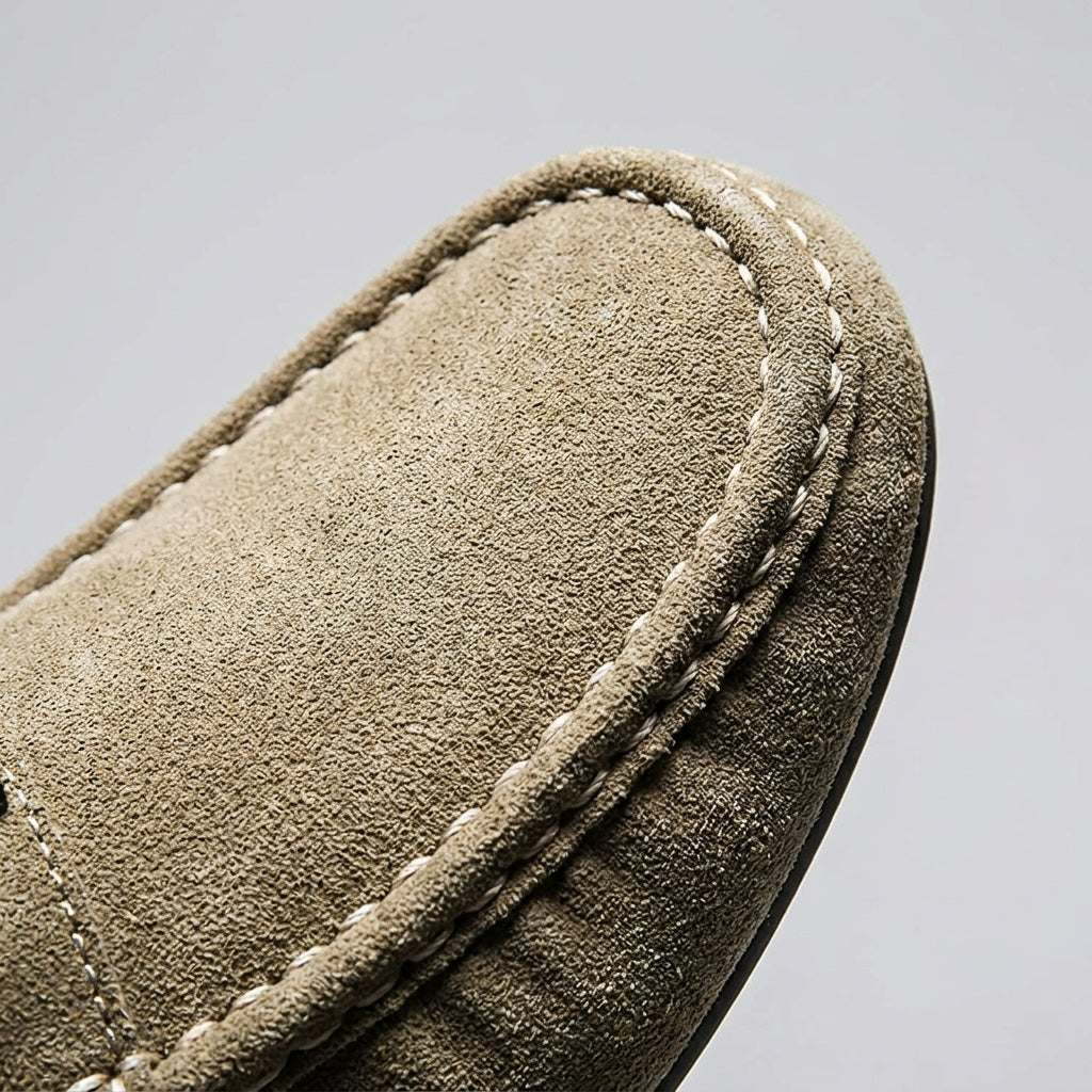 Recco Suede Loafers — Khaki, hand-stitched seam close-up