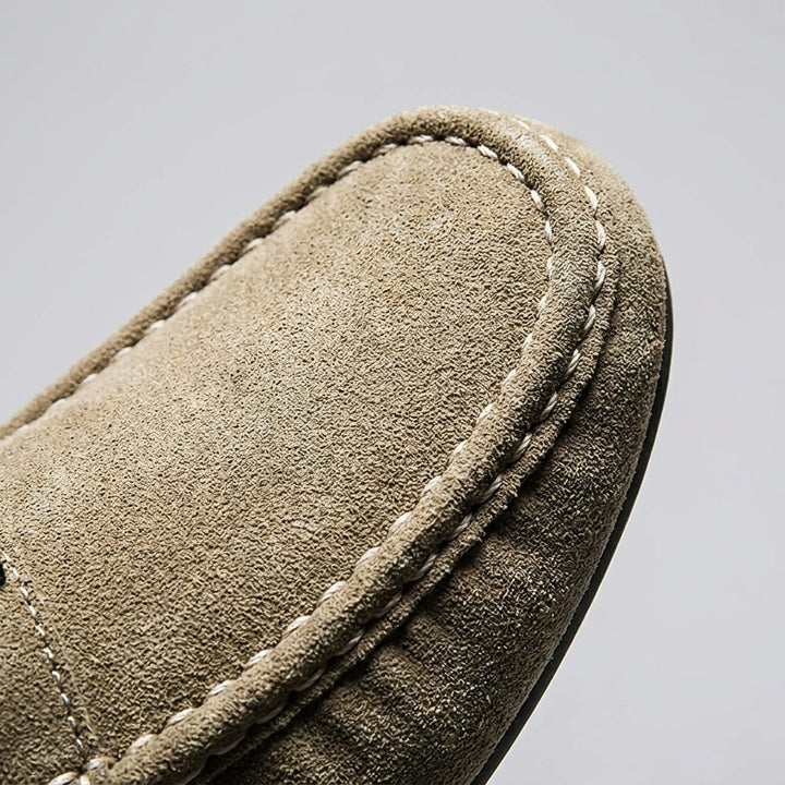 Recco Suede Loafers — Khaki, hand-stitched seam close-up
