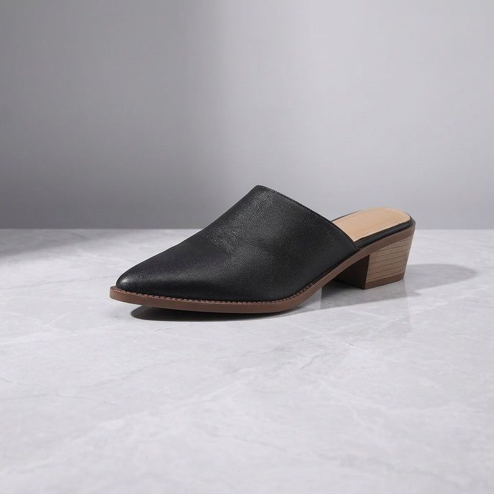 Sabina Leather Mules — Black, three-quarter studio view