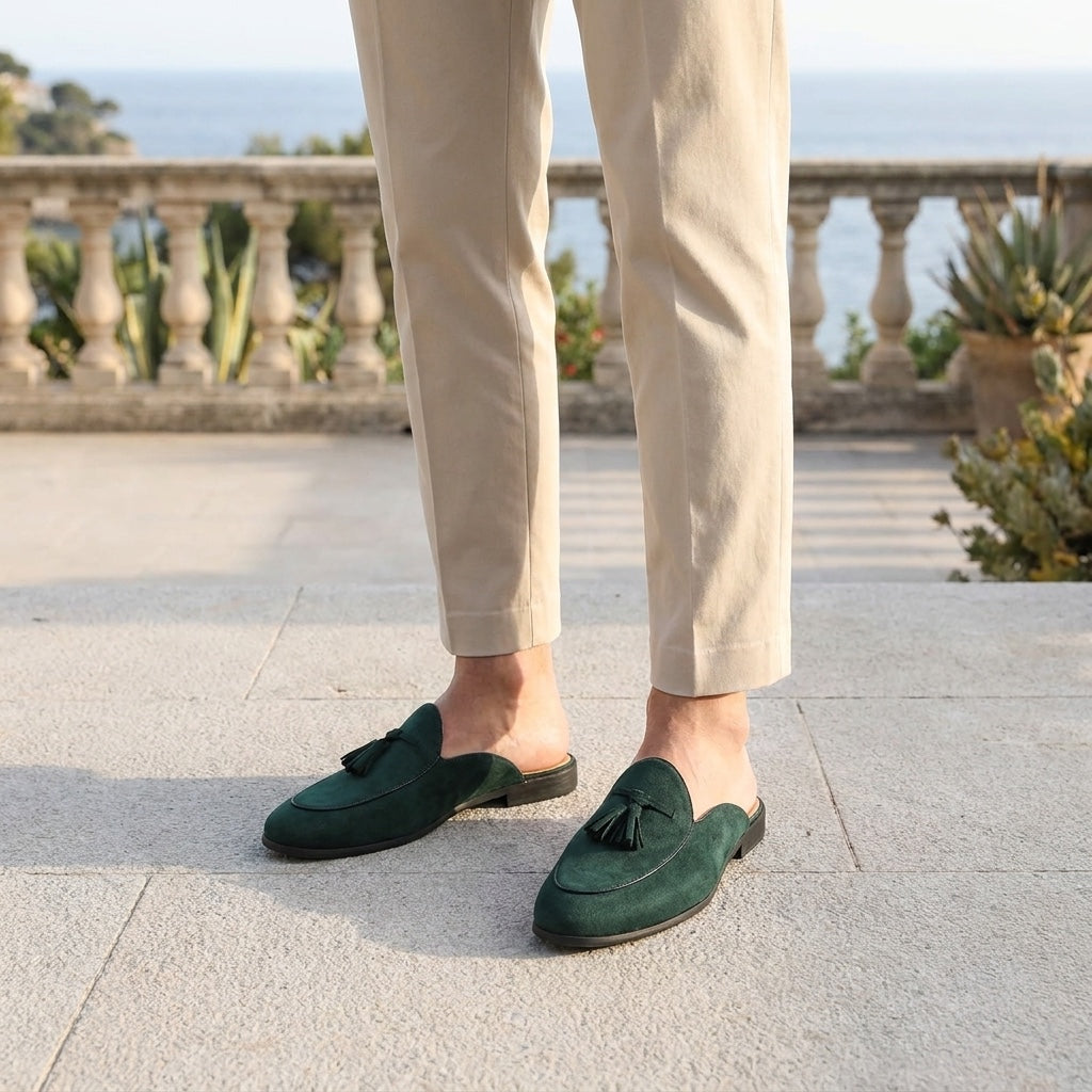 Fasano Suede Mules — Dark Green, male model knee-down coastal terrace