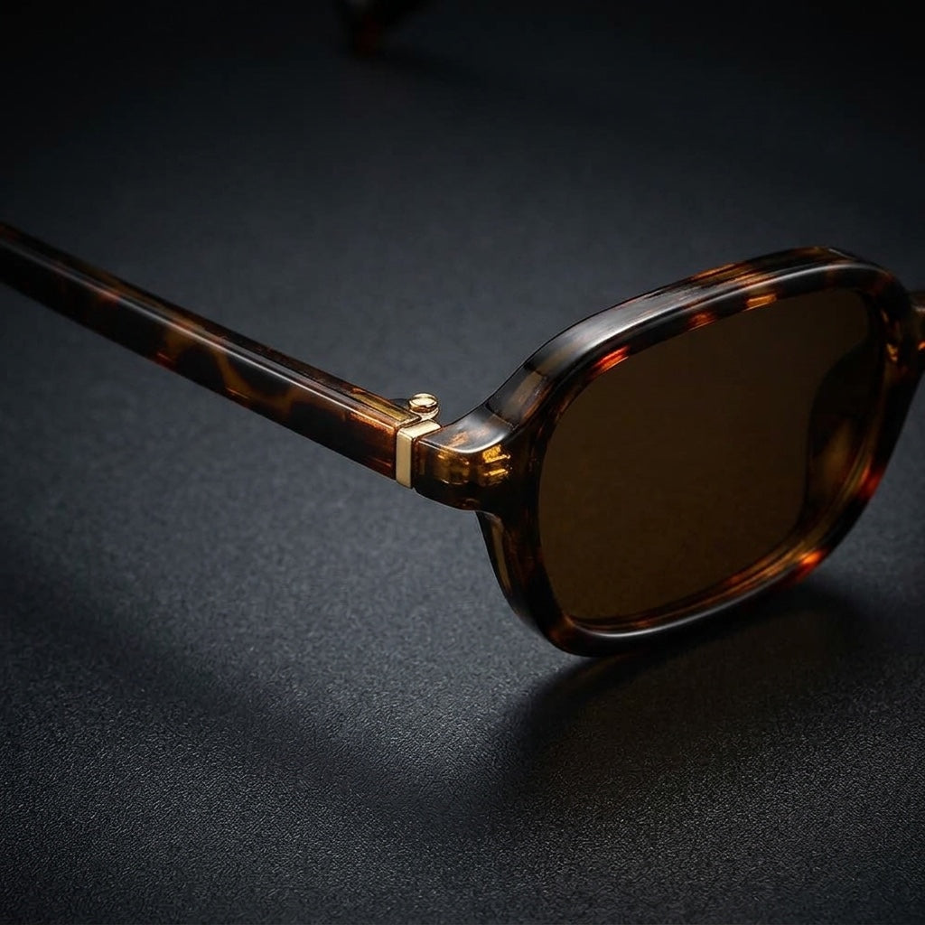 Siena Rectangle Sunglasses — Tortoise, gold hinge pin close-up