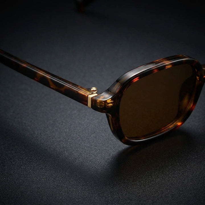Siena Rectangle Sunglasses — Tortoise, gold hinge pin close-up