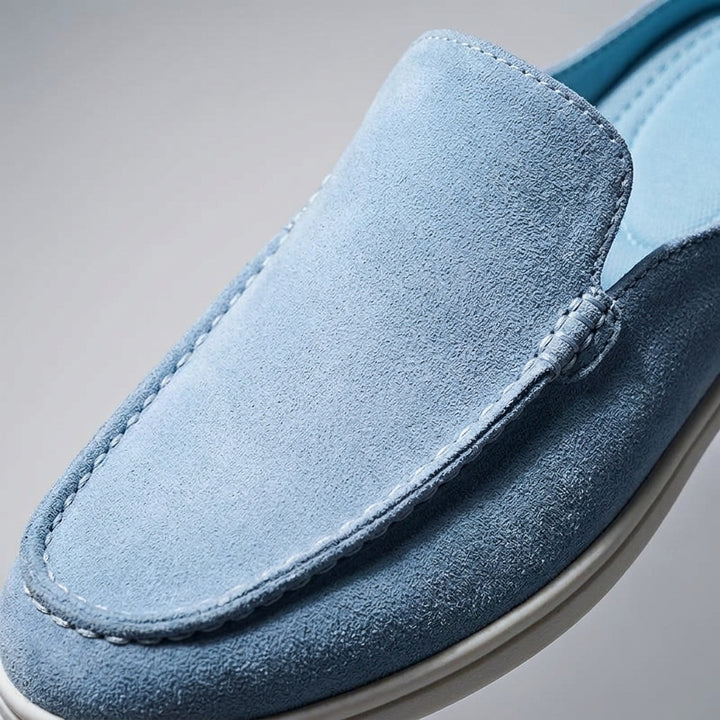 Salcombe Suede Loafers — Blue, close-up toe and vamp suede texture