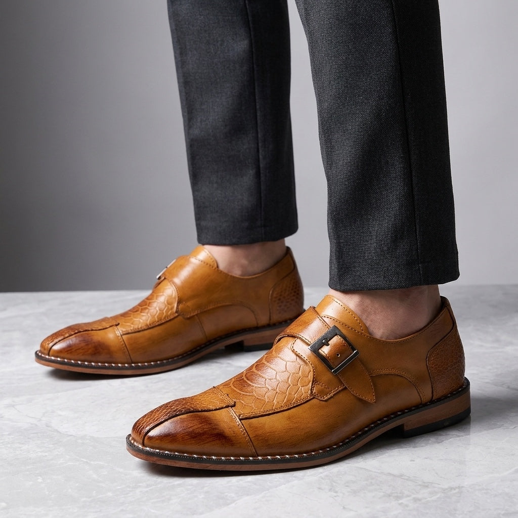 Arezzo Leather Monk Loafers — Camel, worn knee-down studio view