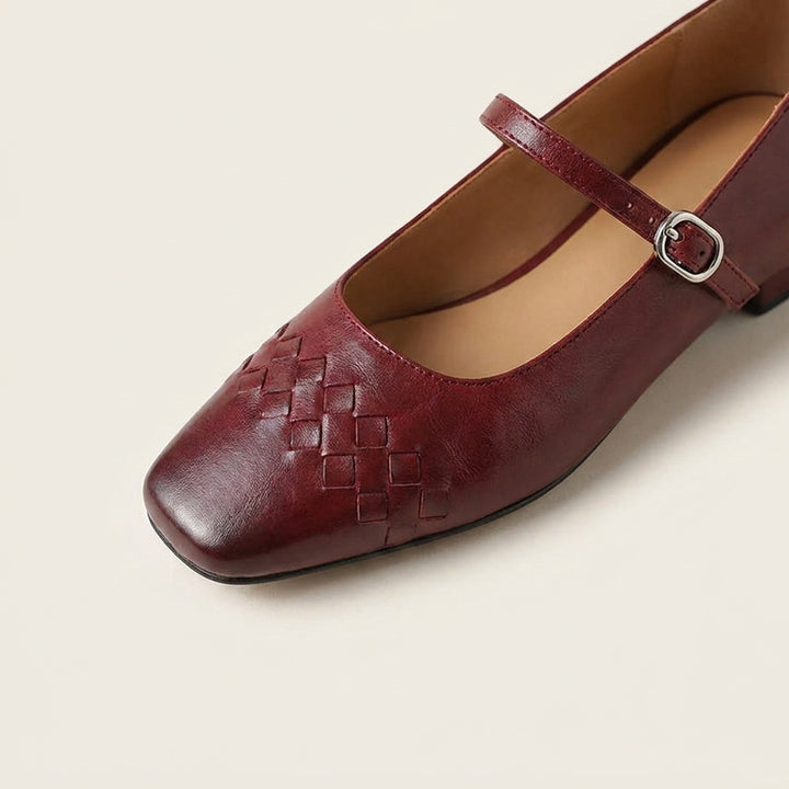 Verona Mary Janes — Wine, close view of the woven toe and buckle