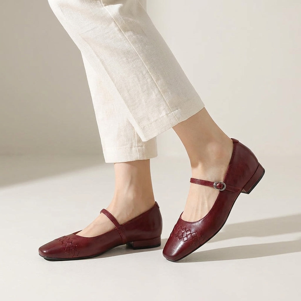 Verona Mary Janes — Wine, worn view in the studio, from the knee down