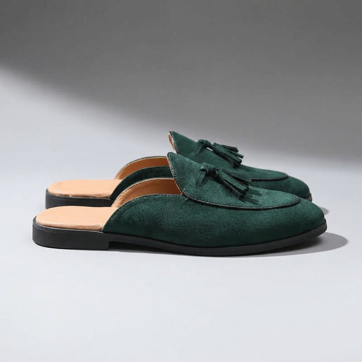 Fasano Suede Mules — Dark Green, side profile, full silhouette toe to heel