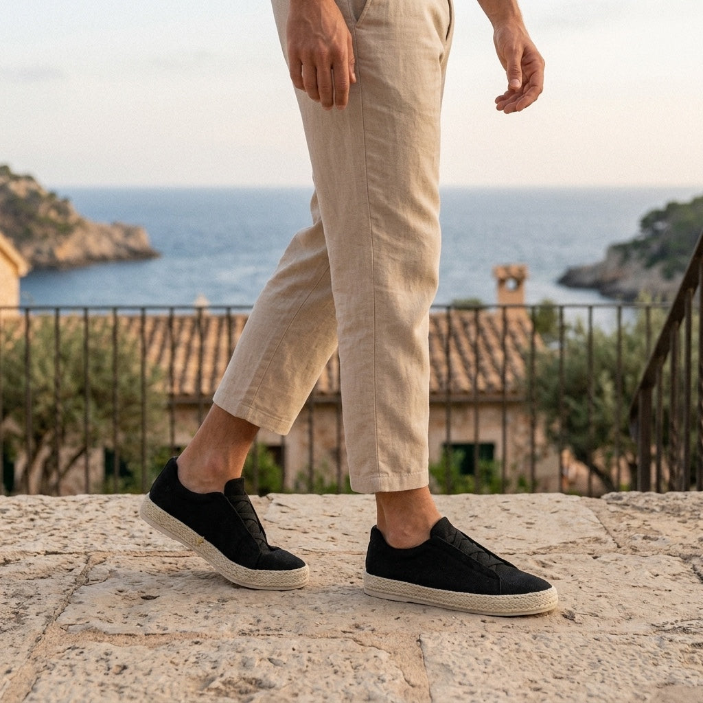Ponza Espadrille Sneakers — Black, worn on a coastal stone terrace