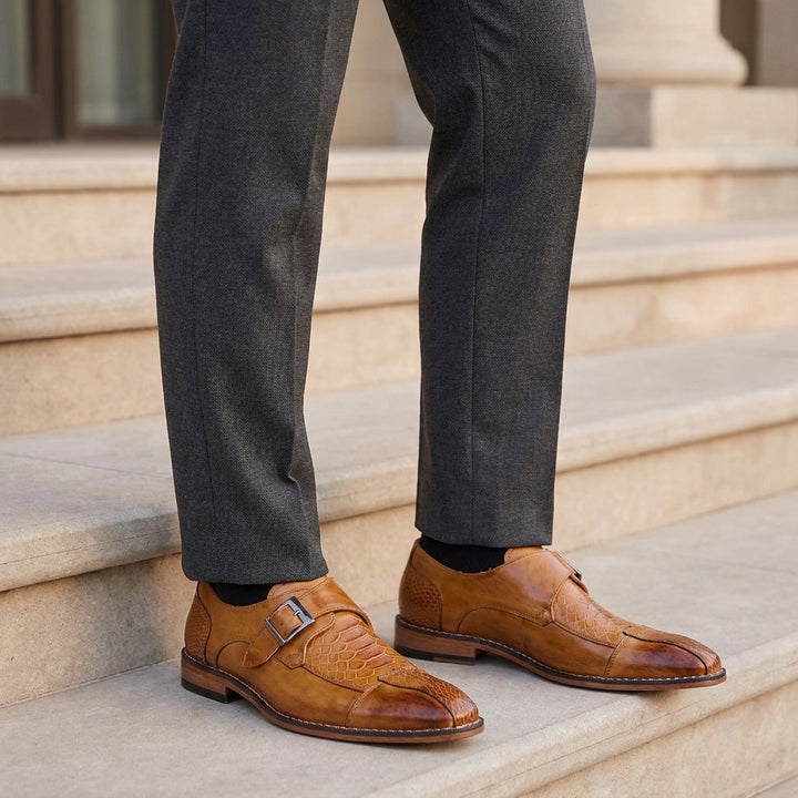 Arezzo Monk Straps — Camel, worn on stone steps outside a venue