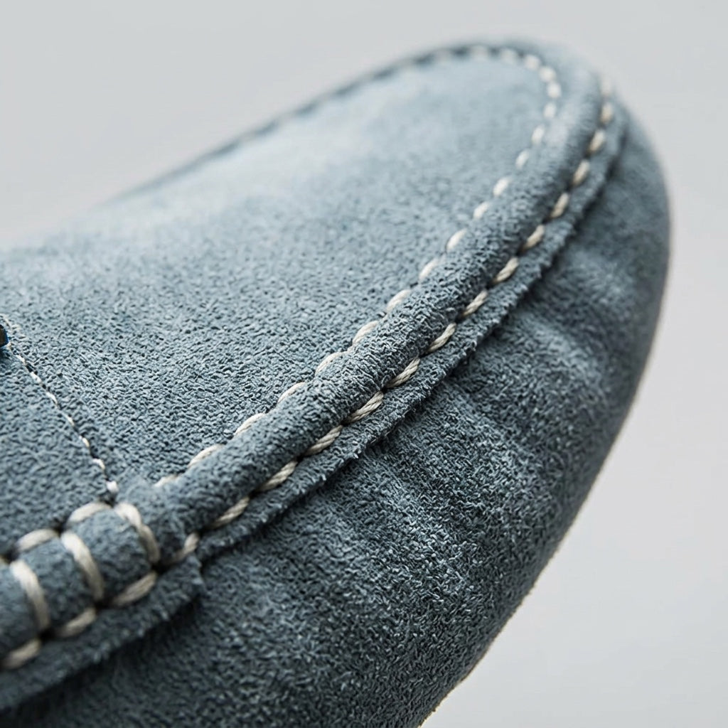 Recco Suede Loafers — Blue, hand-stitched seam close-up