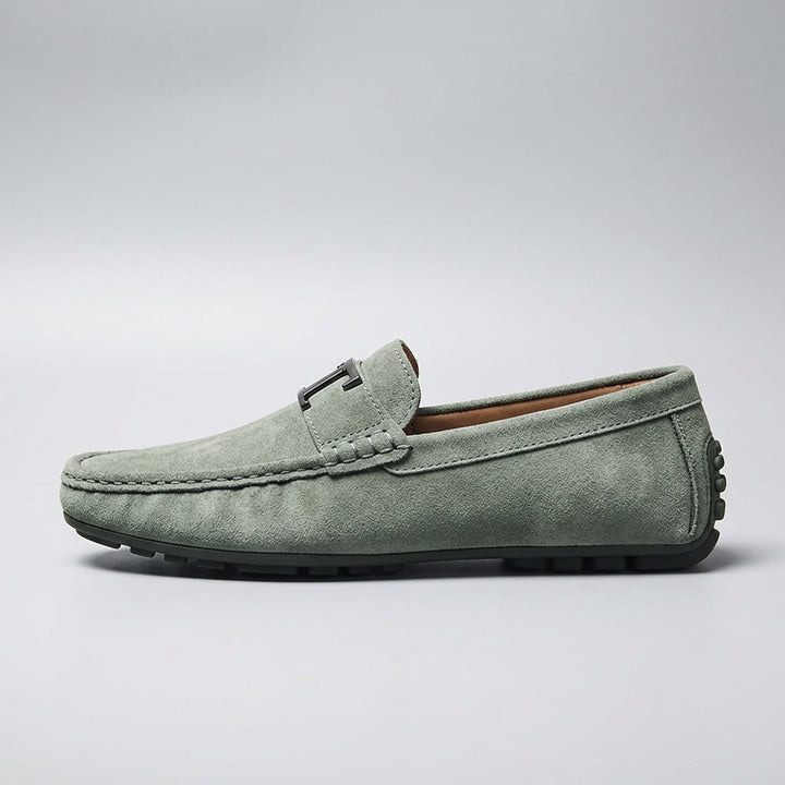 Recco Suede Loafers — Green, side profile studio view