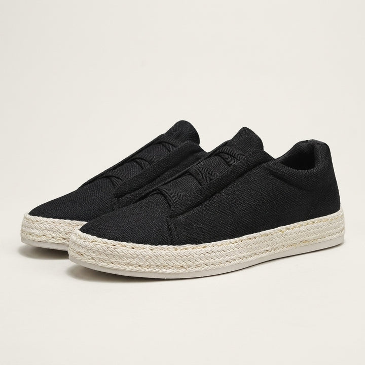 Ponza Espadrille Sneakers — Black, three-quarter studio view