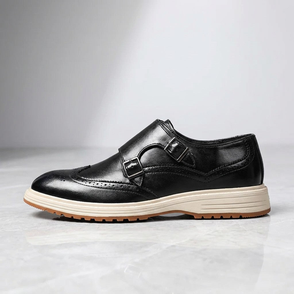 Gradara Leather Monk Shoes — Black, side profile