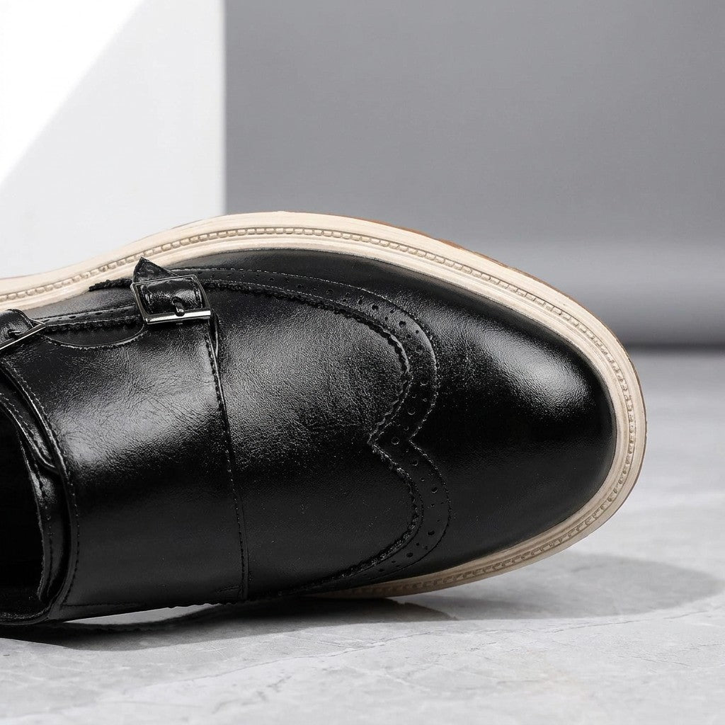 Gradara Leather Monk Shoes — Black, toe and buckle close-up