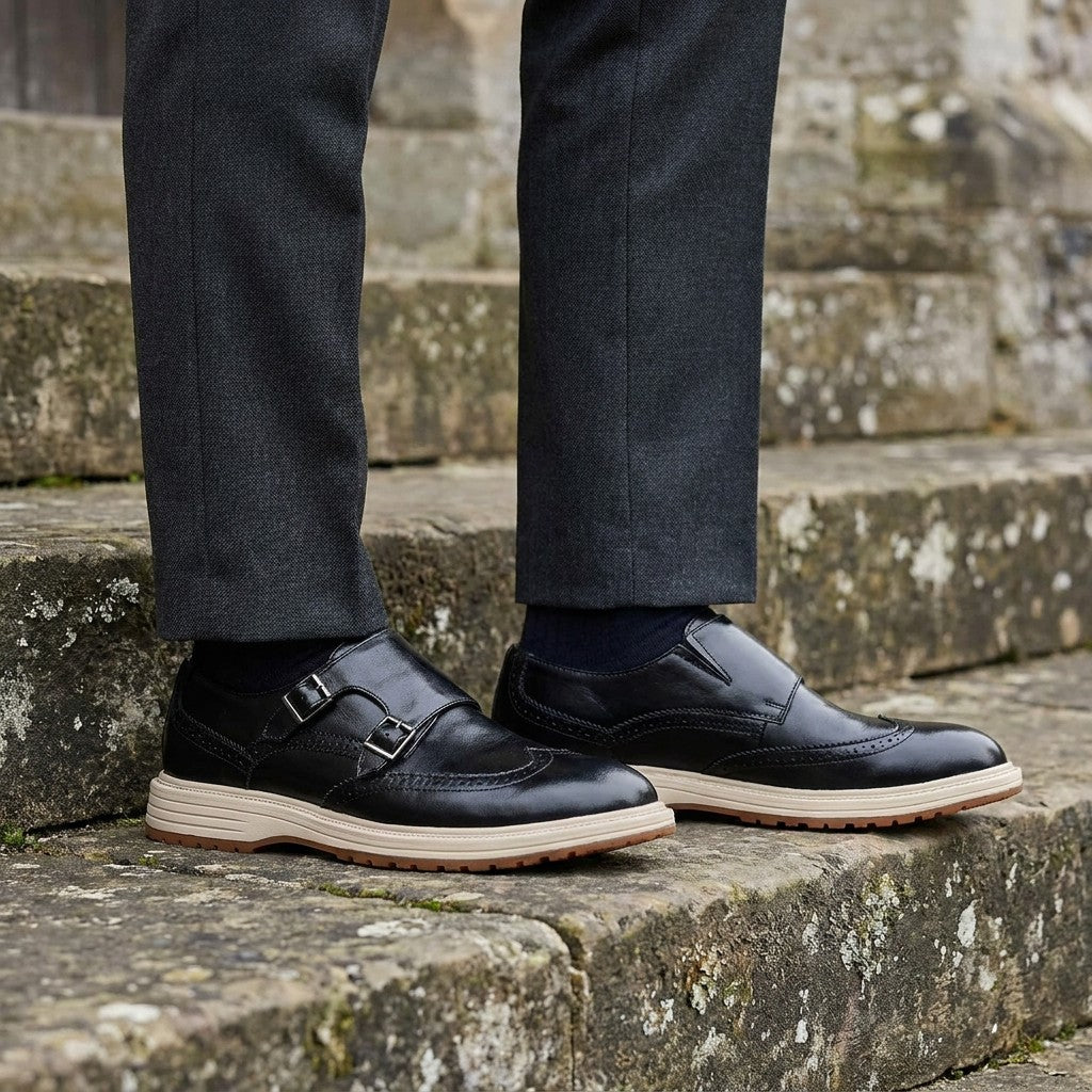 Gradara Leather Monk Shoes — Black, worn on church stone steps