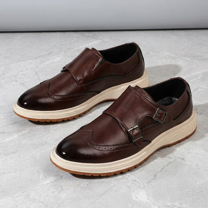 Gradara Leather Monk Shoes — Brown, pair three-quarter studio view