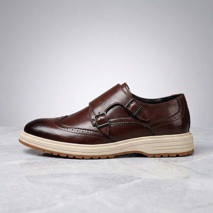 Gradara Leather Monk Shoes — Brown, side profile