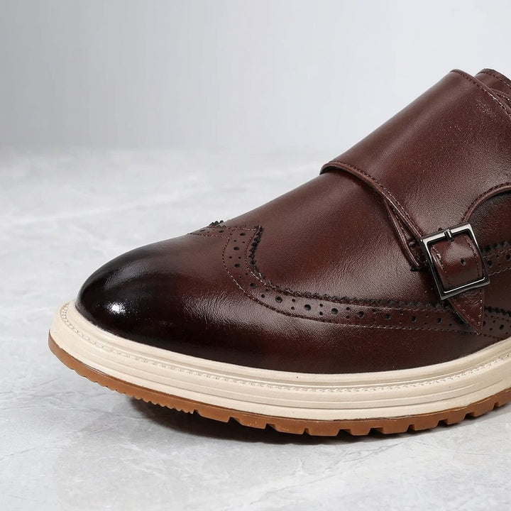 Gradara Leather Monk Shoes — Brown, toe and buckle close-up