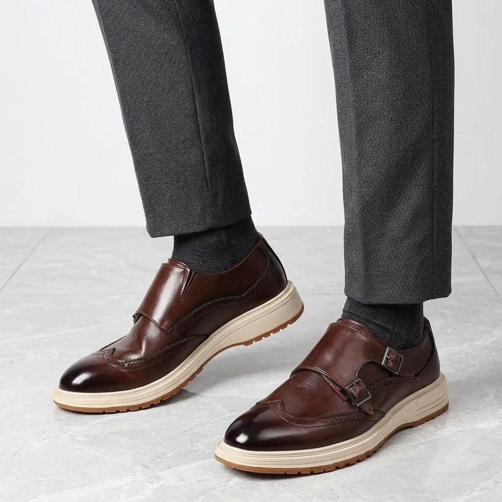 Gradara Leather Monk Shoes — Brown, worn by a man, knee-down studio