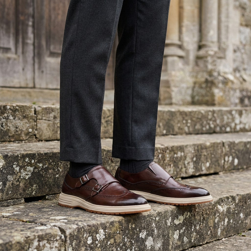 Gradara Leather Monk Shoes — Brown, worn on church stone steps