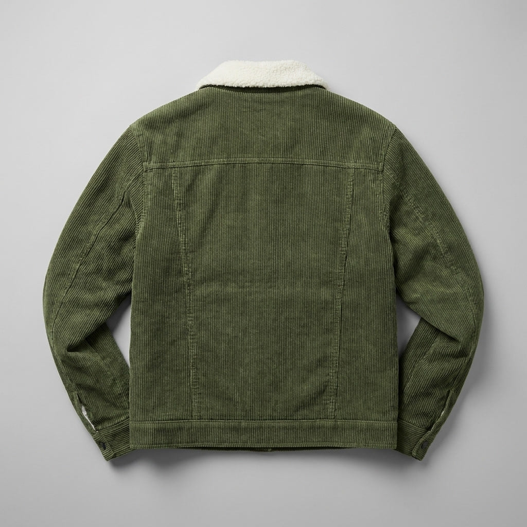 Hudson Corduroy Jacket — Green, flat lay back on grey seamless