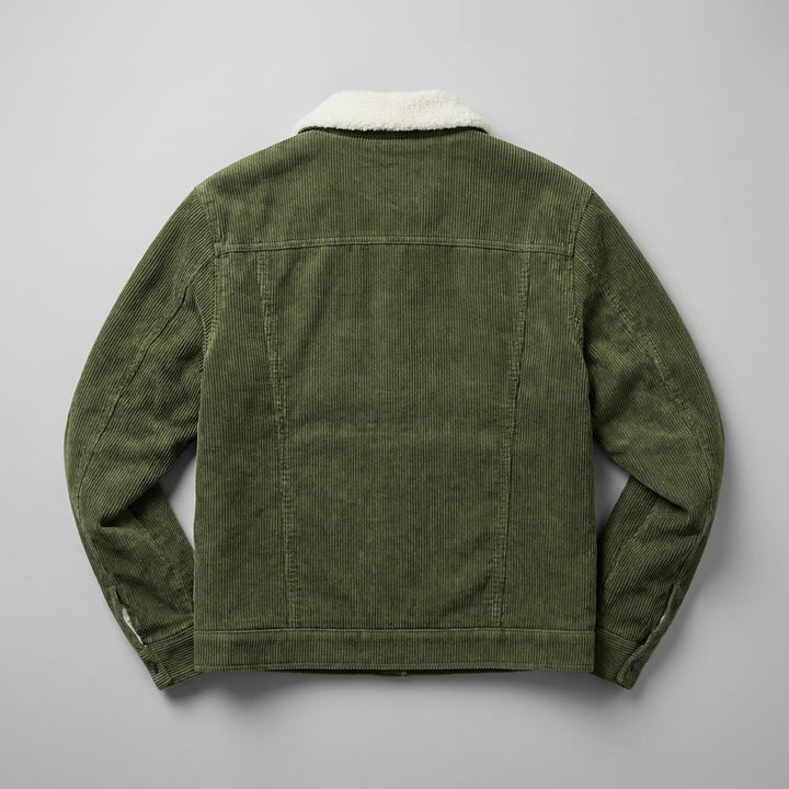 Hudson Corduroy Jacket — Green, flat lay back on grey seamless