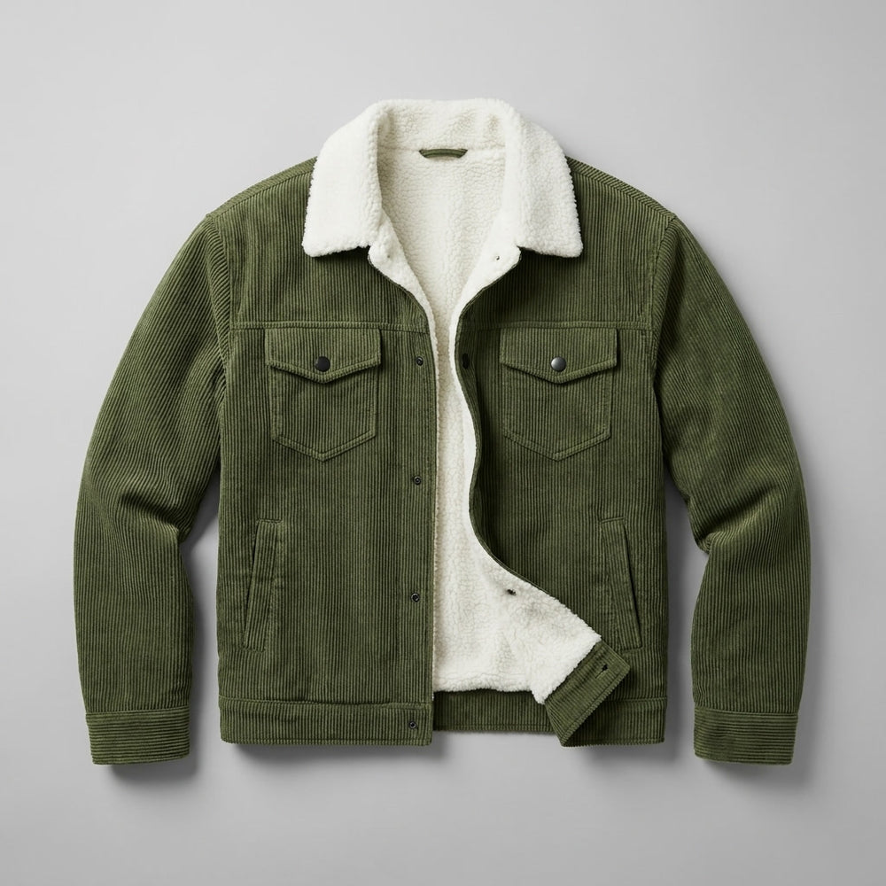 Hudson Corduroy Jacket — Green, flat lay front on grey seamless