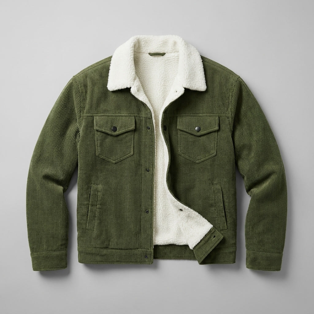 Hudson Corduroy Jacket — Green, flat lay front on grey seamless